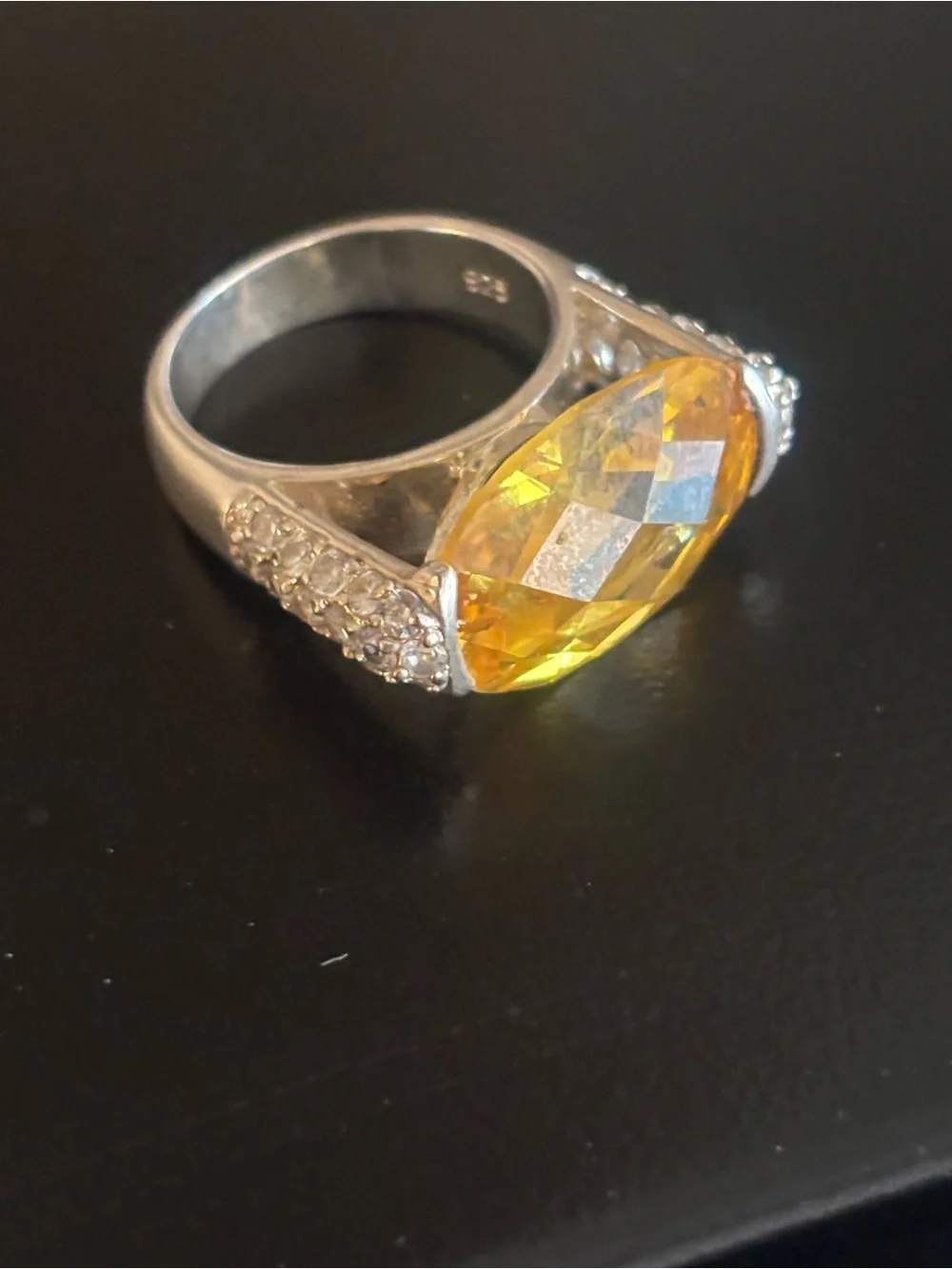 Sterling silver Ring W/ Citrine colored Gemstone and Rhinestones down each side